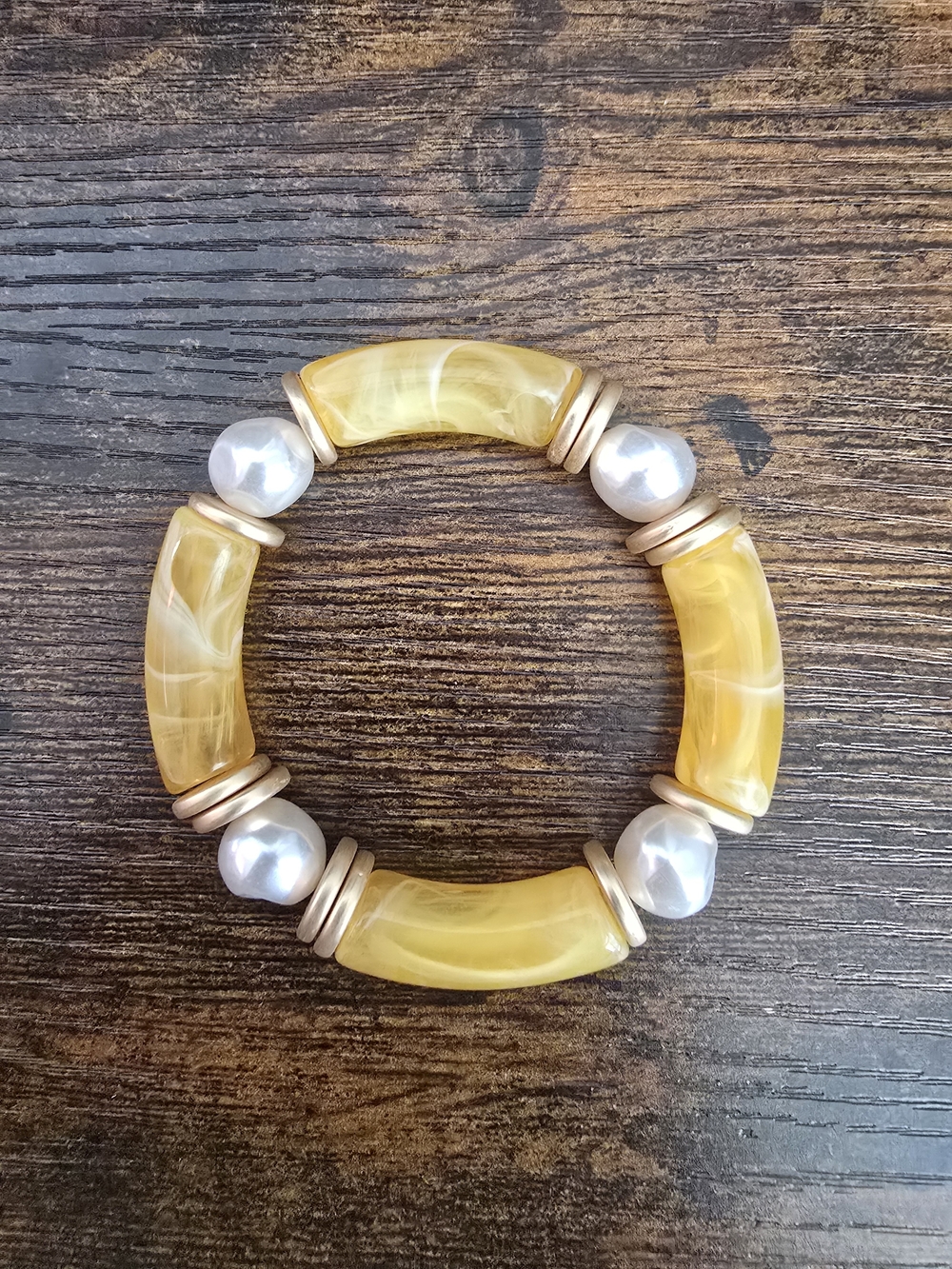 Plunder Yellow Resin Tube & Faux Pearl Stretch Bracelet